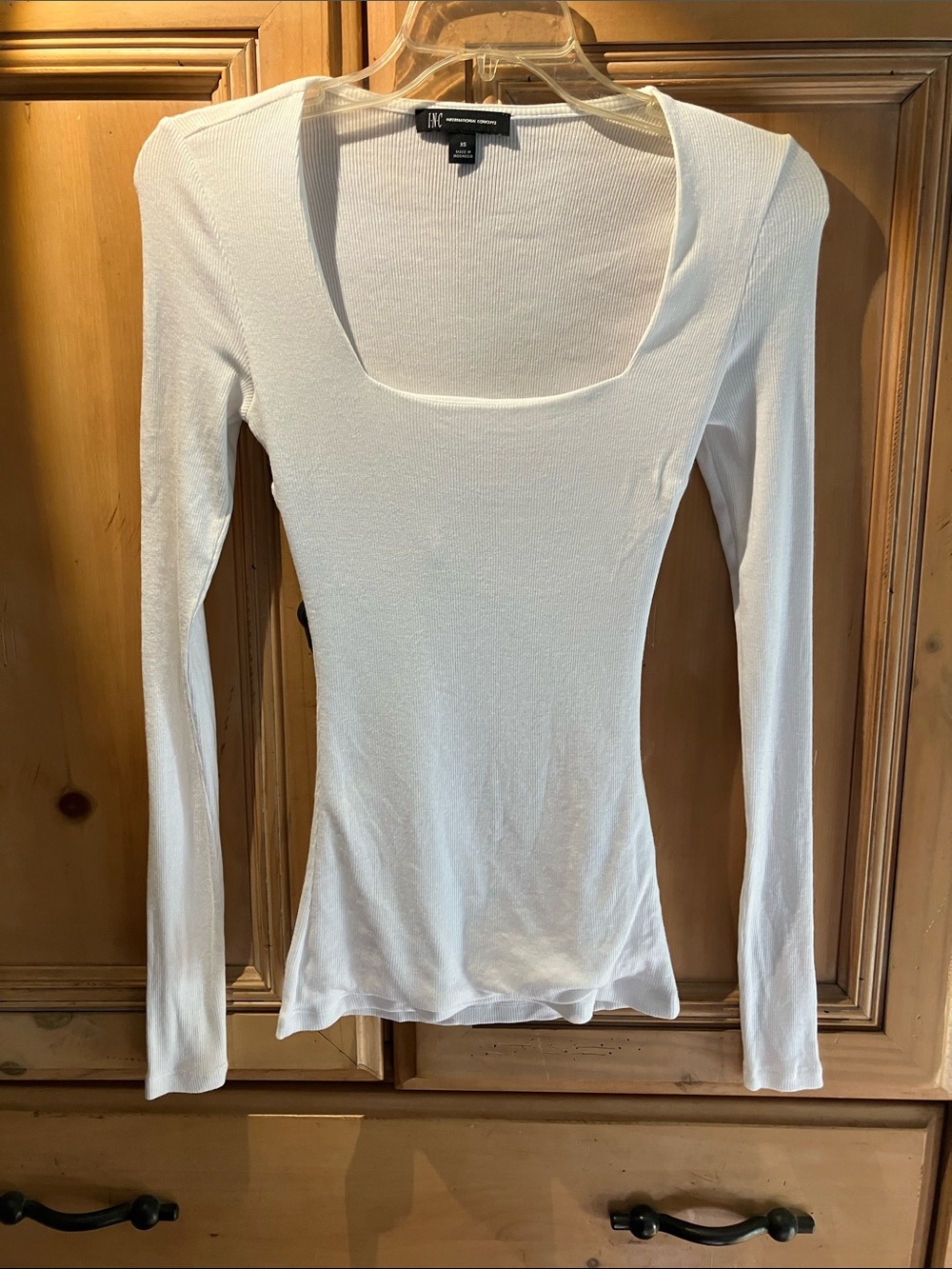 Square Neck Ribbed Long Sleeve Top, INC, White, XS